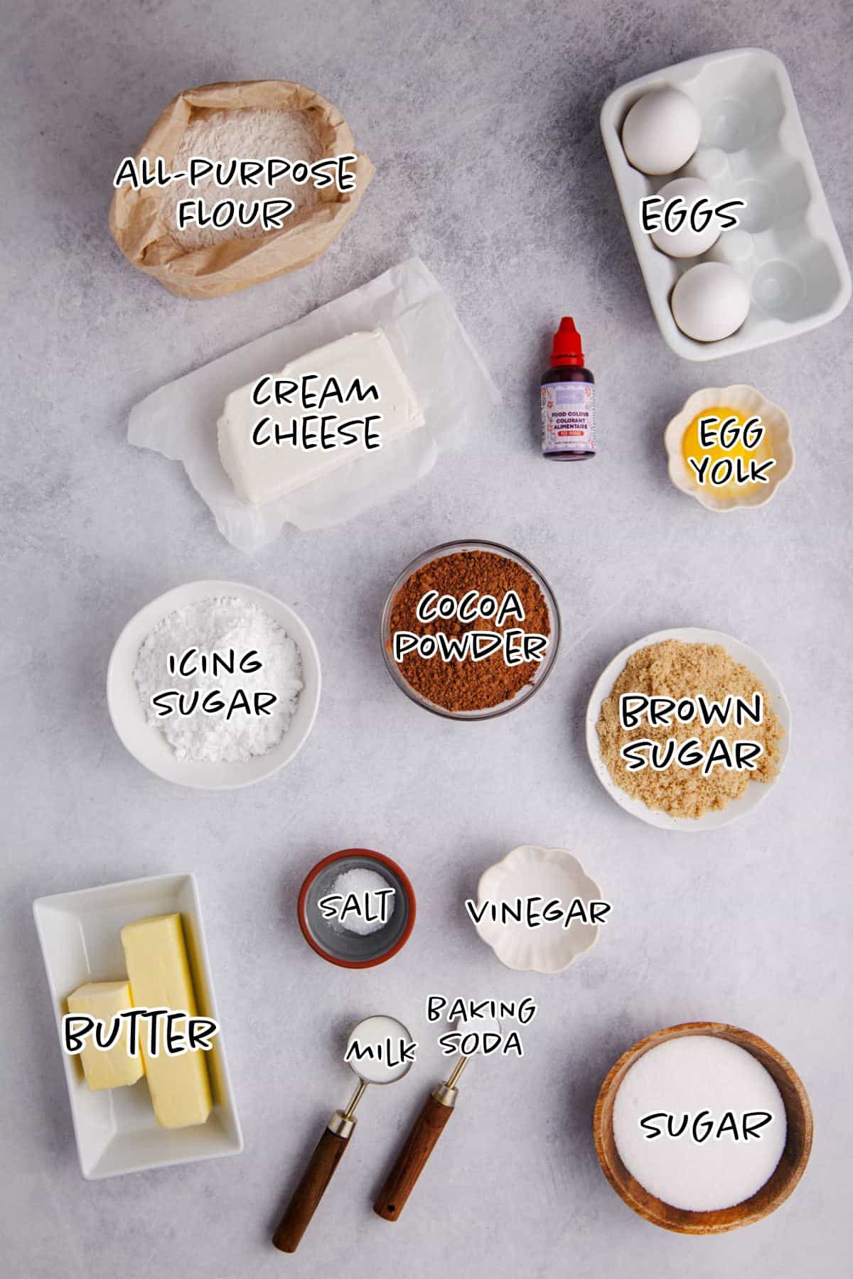 Red Velvet Cookie Bars Ingredients on a counter