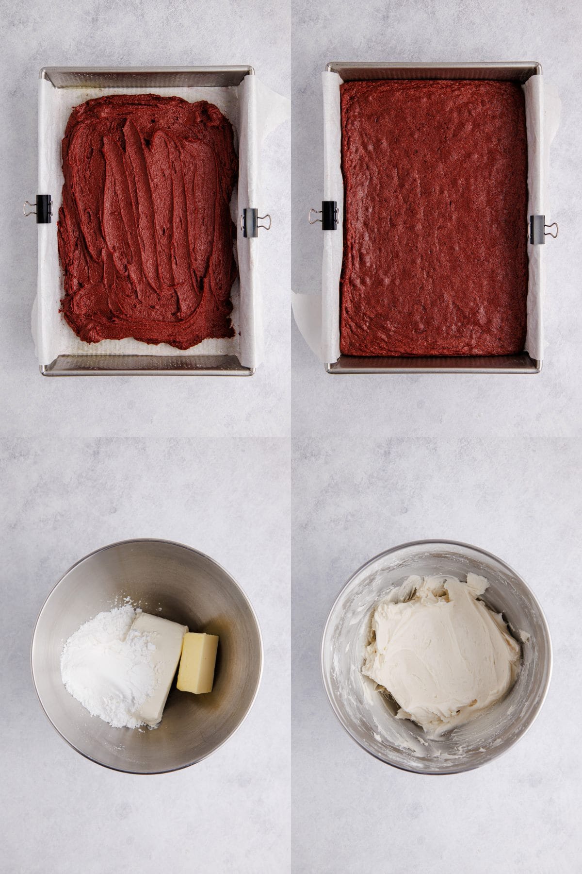 Red Velvet Cookies Bars being made in a pan and icing in a bowl