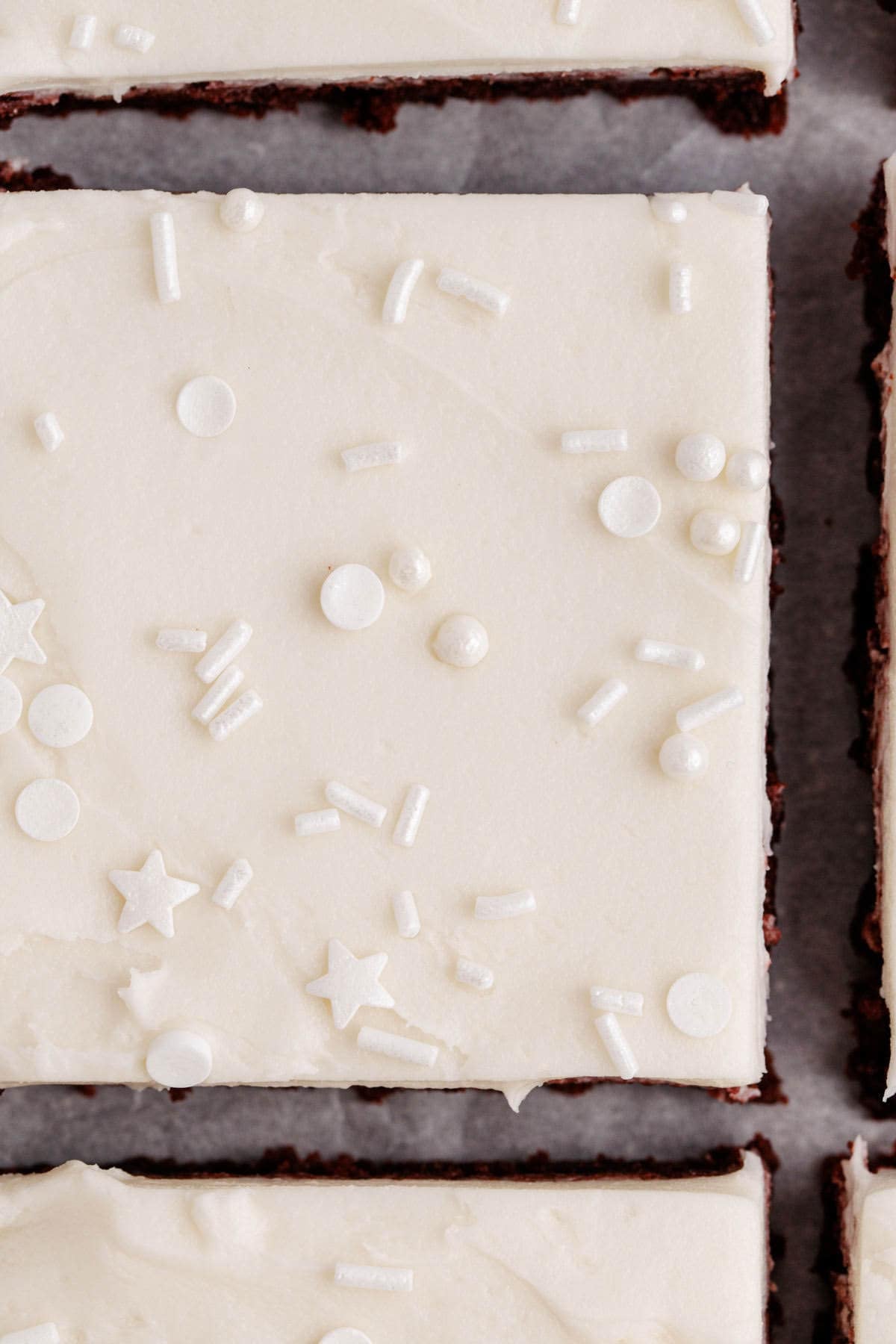 Red Velvet Cookies Bars from above close up