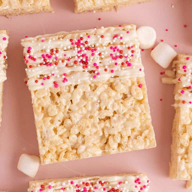 Rice Krispies for Valentines Day with sprinkles and white chocolate