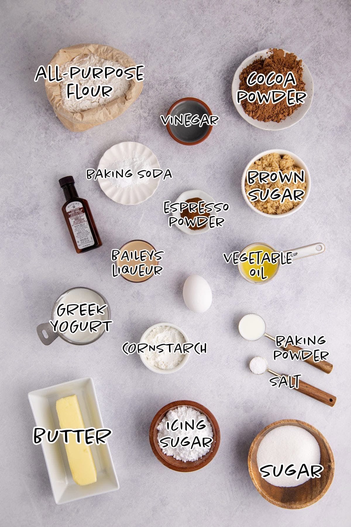 Baileys Irish Cream Cake Ingredients on a counter