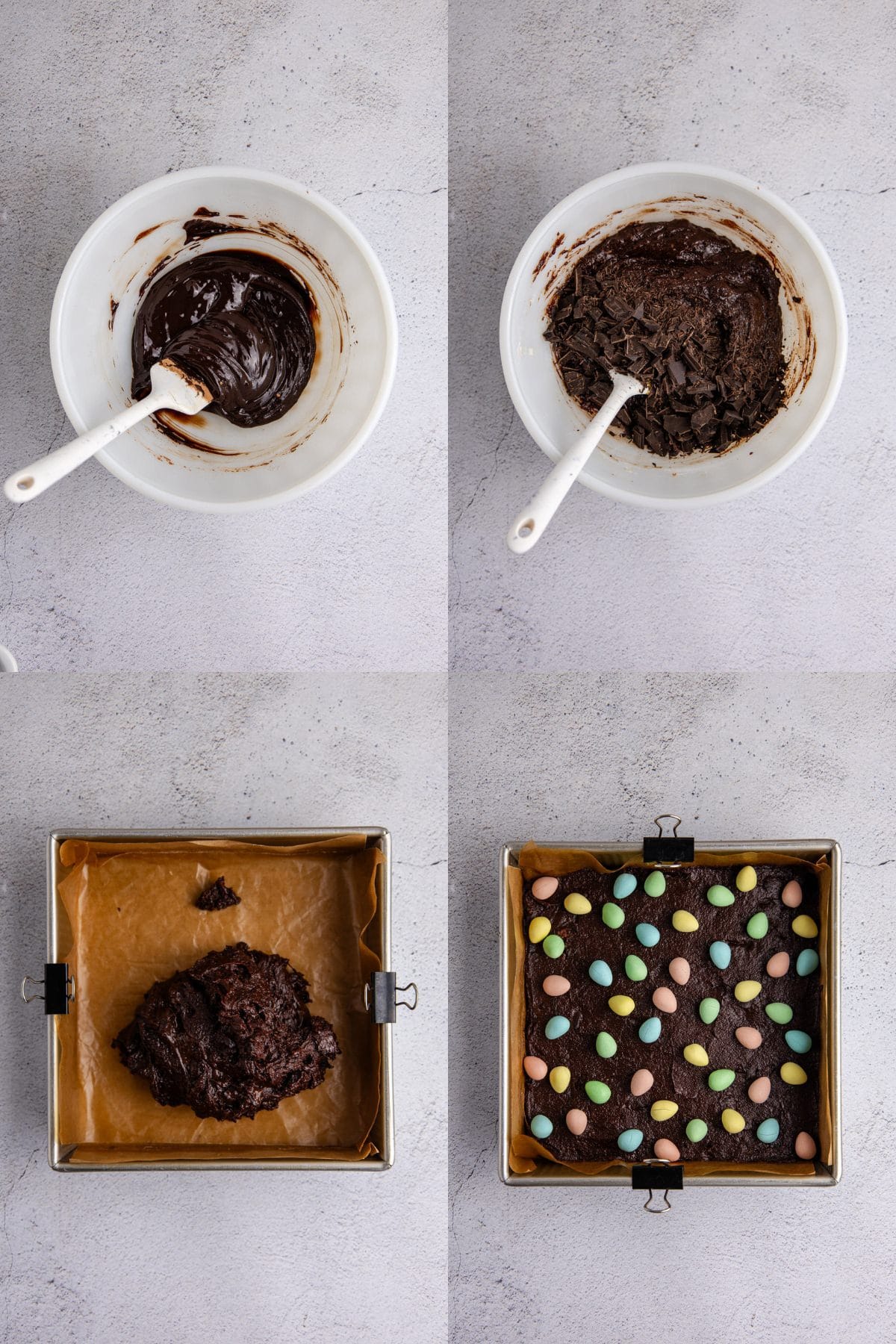 Easter Brownies being made in a bowl and pan