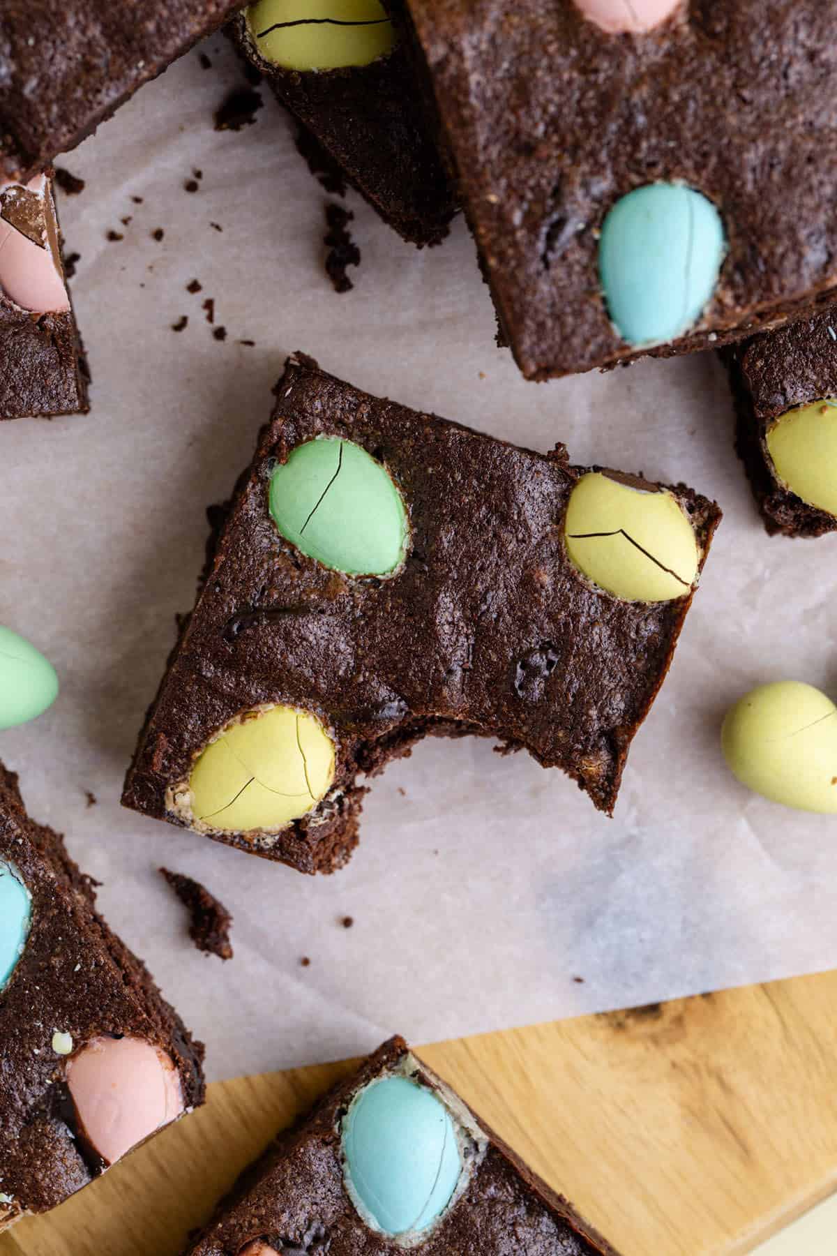 Easter Brownies from above with a bite taken from one