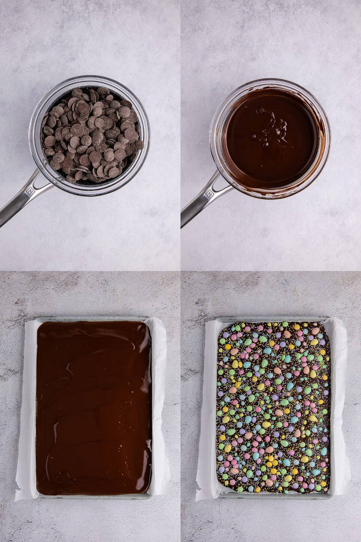 Easter Candy being made on a sheet pan after melting in a double boiler