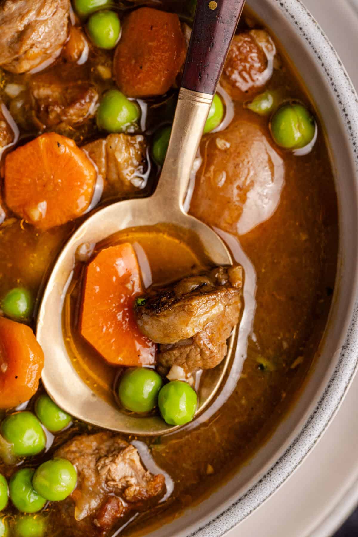 Guinness Lamb Stew in a bowl close up with food on a spoon