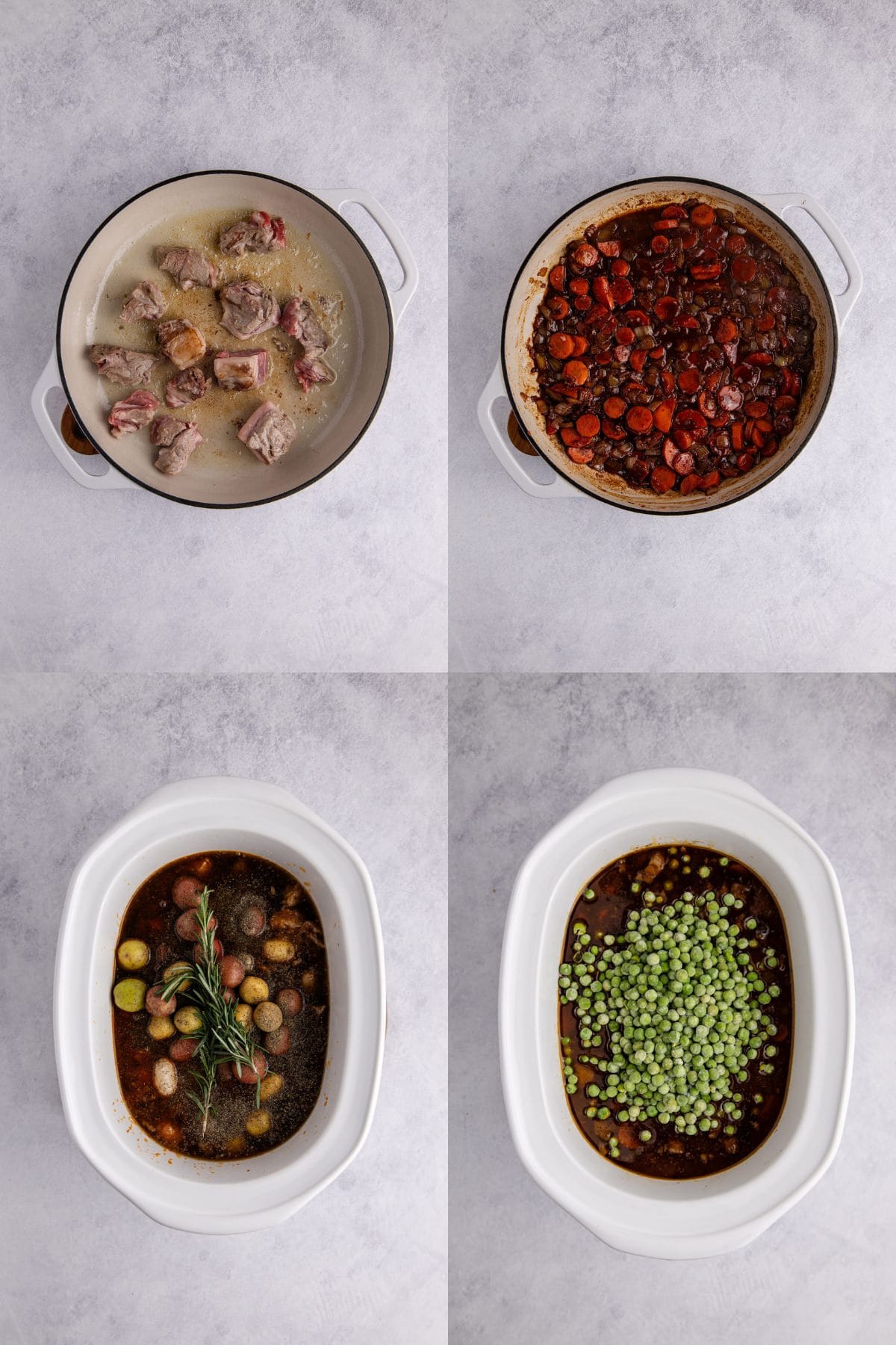 Crock Pot Lamb Stew being made in a skillet then put into a slow cooker