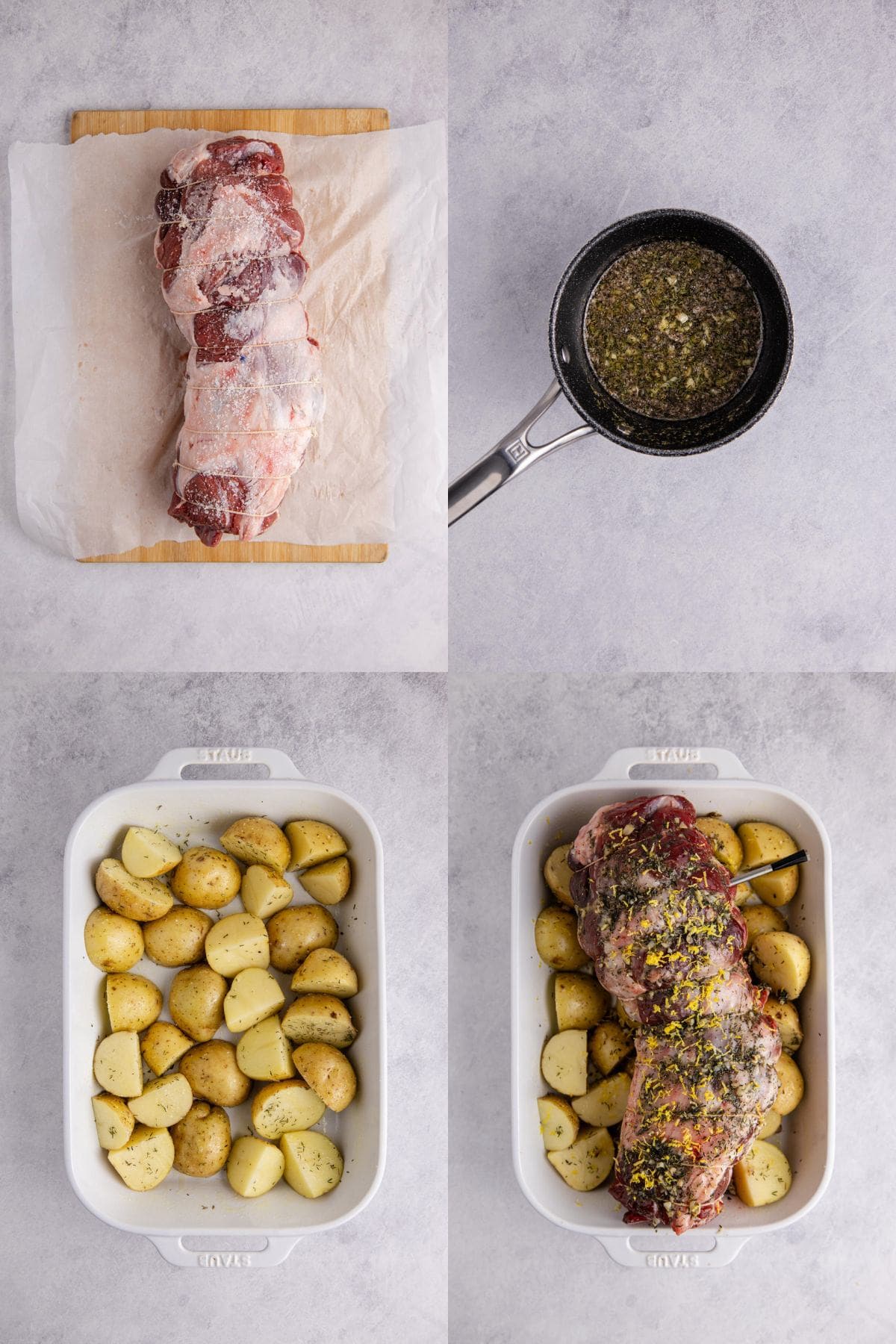 Roast Leg of Lamb on a cutting board to brine, making a rub and then placed in the baking dish