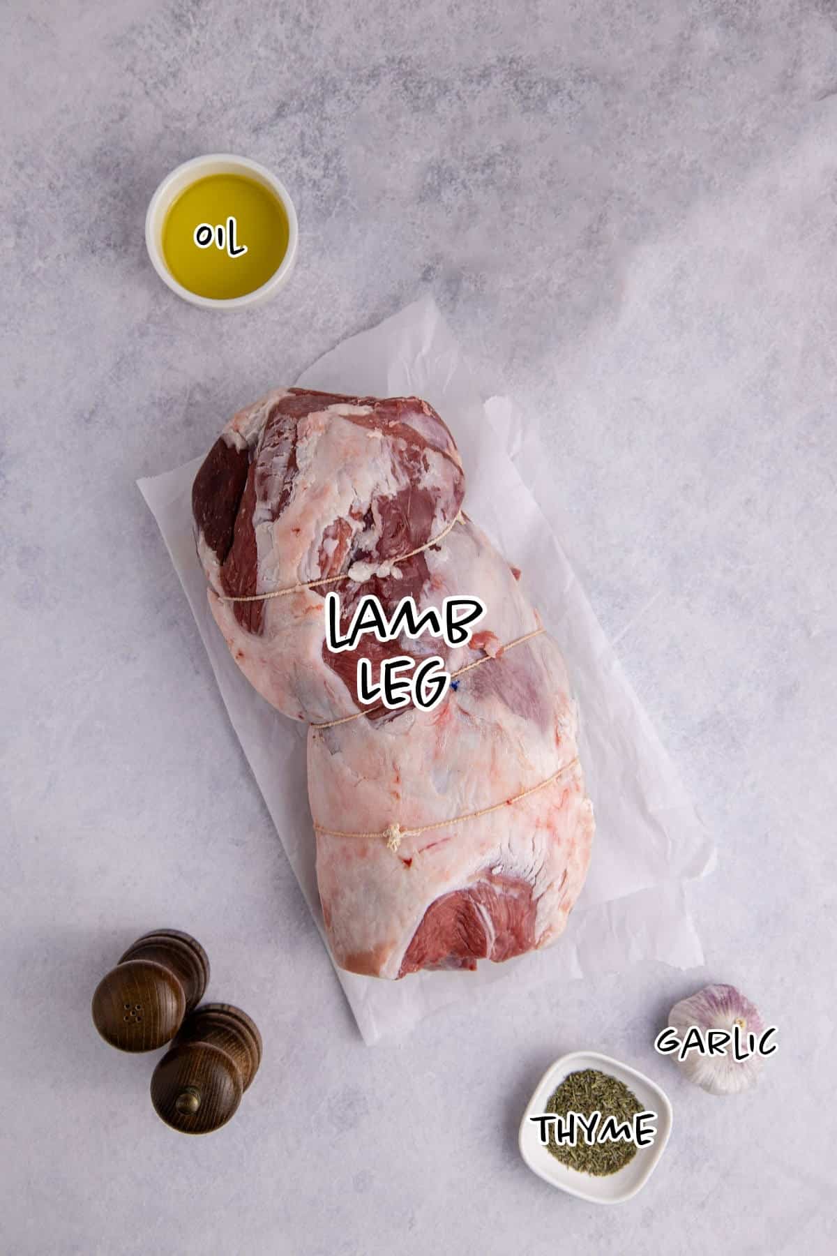 Roast Leg of Lamb Ingredients on a counter