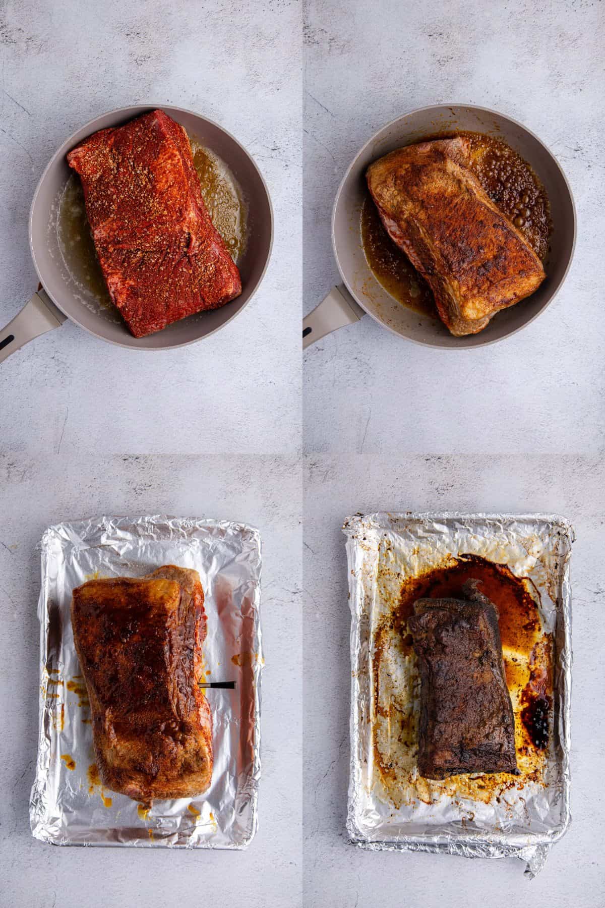 Brisket in a pan being seared then on a sheet pan to cook in the oven