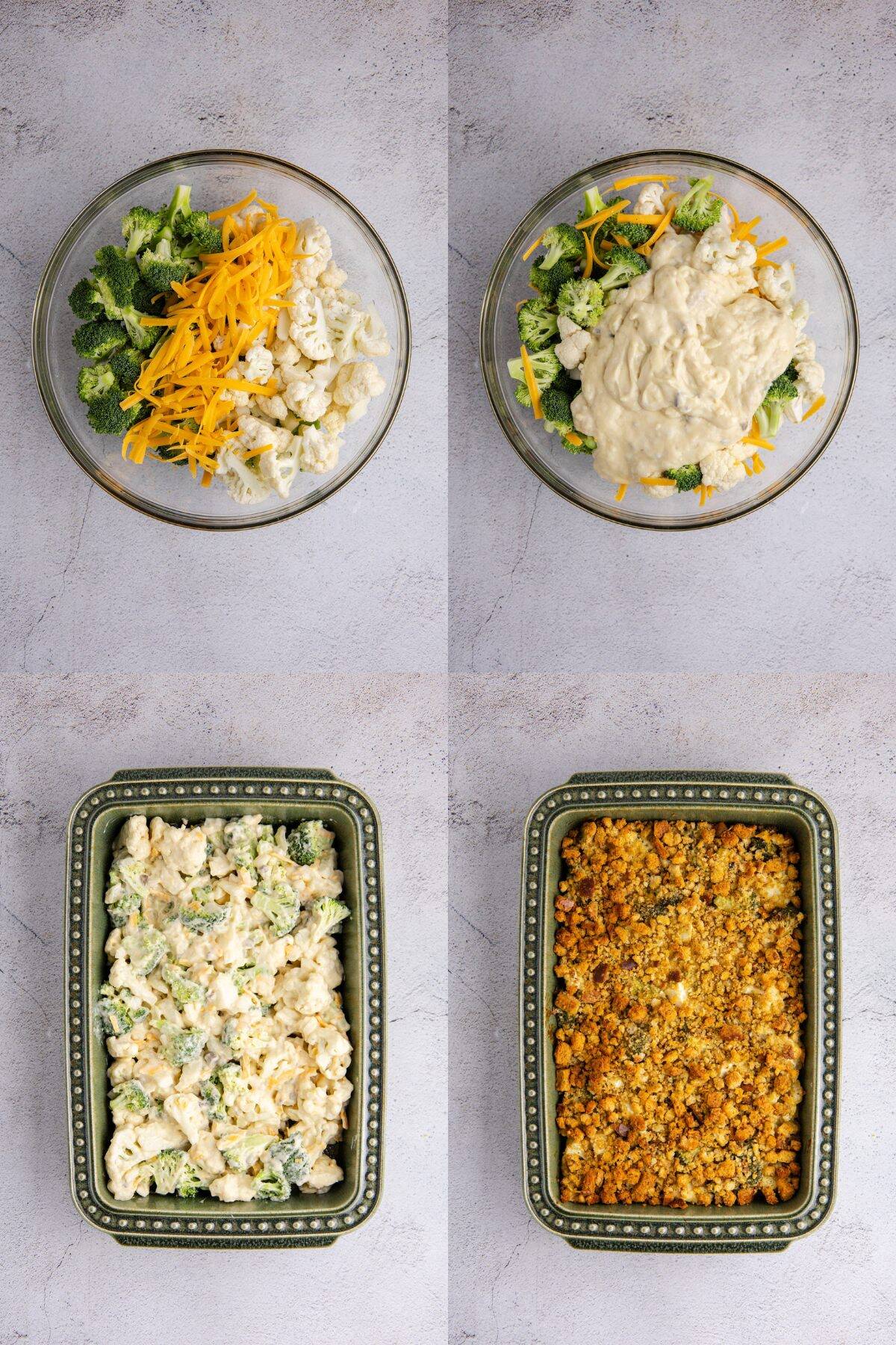 Broccoli Cauliflower Casserole being made in a bowl and baking dish