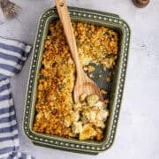 Broccoli Cauliflower Casserole from above with a serving spoon