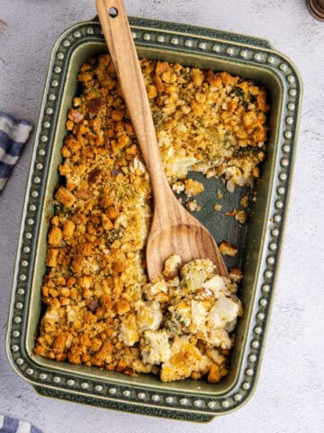 Broccoli Cauliflower Casserole from above with a serving spoon