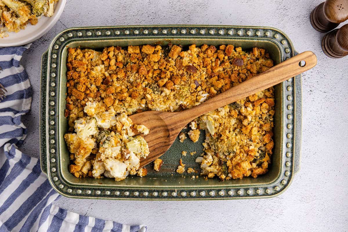 Broccoli Cauliflower Casserole from above with a serving spoon