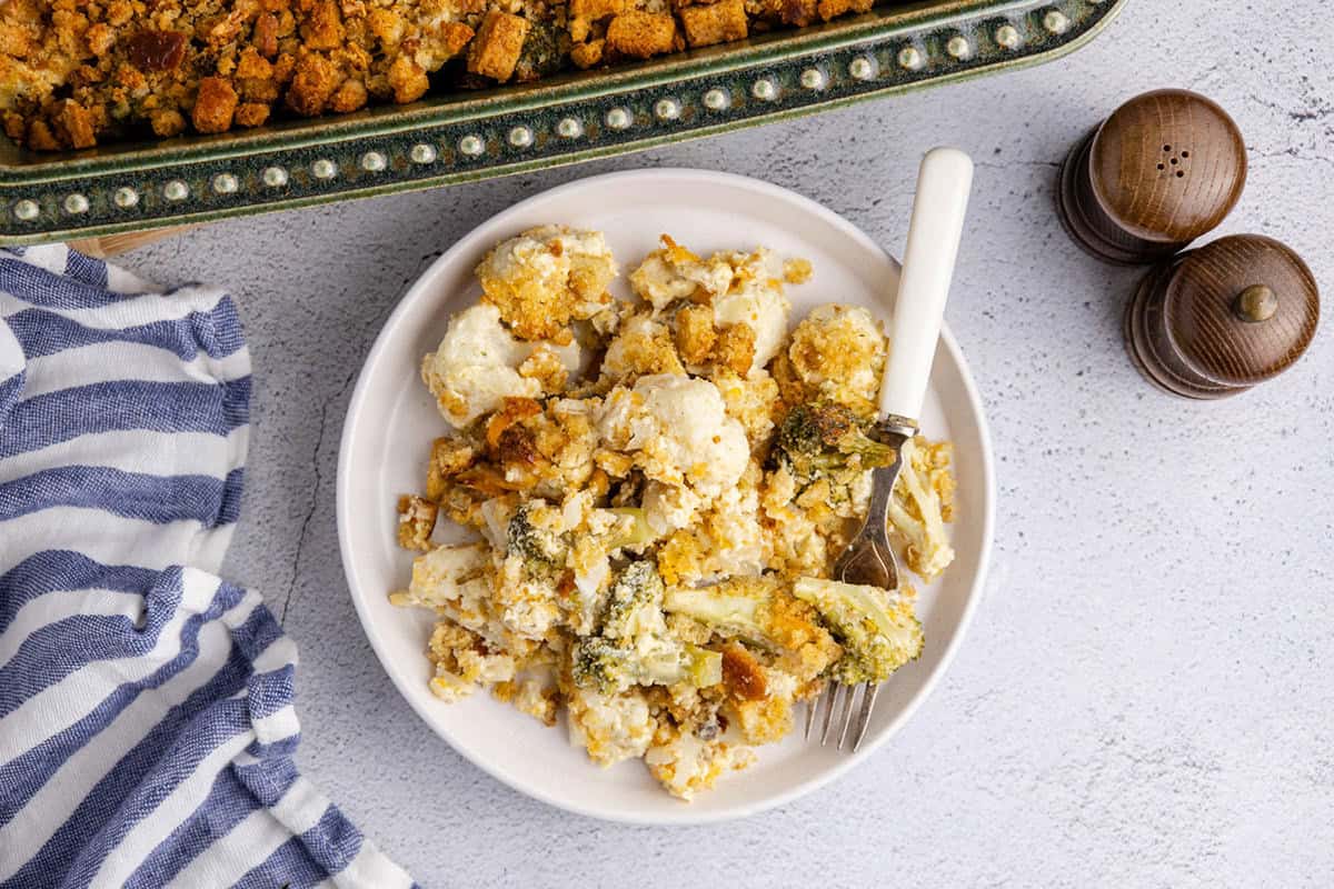 Broccoli Cauliflower Casserole on a plate from above