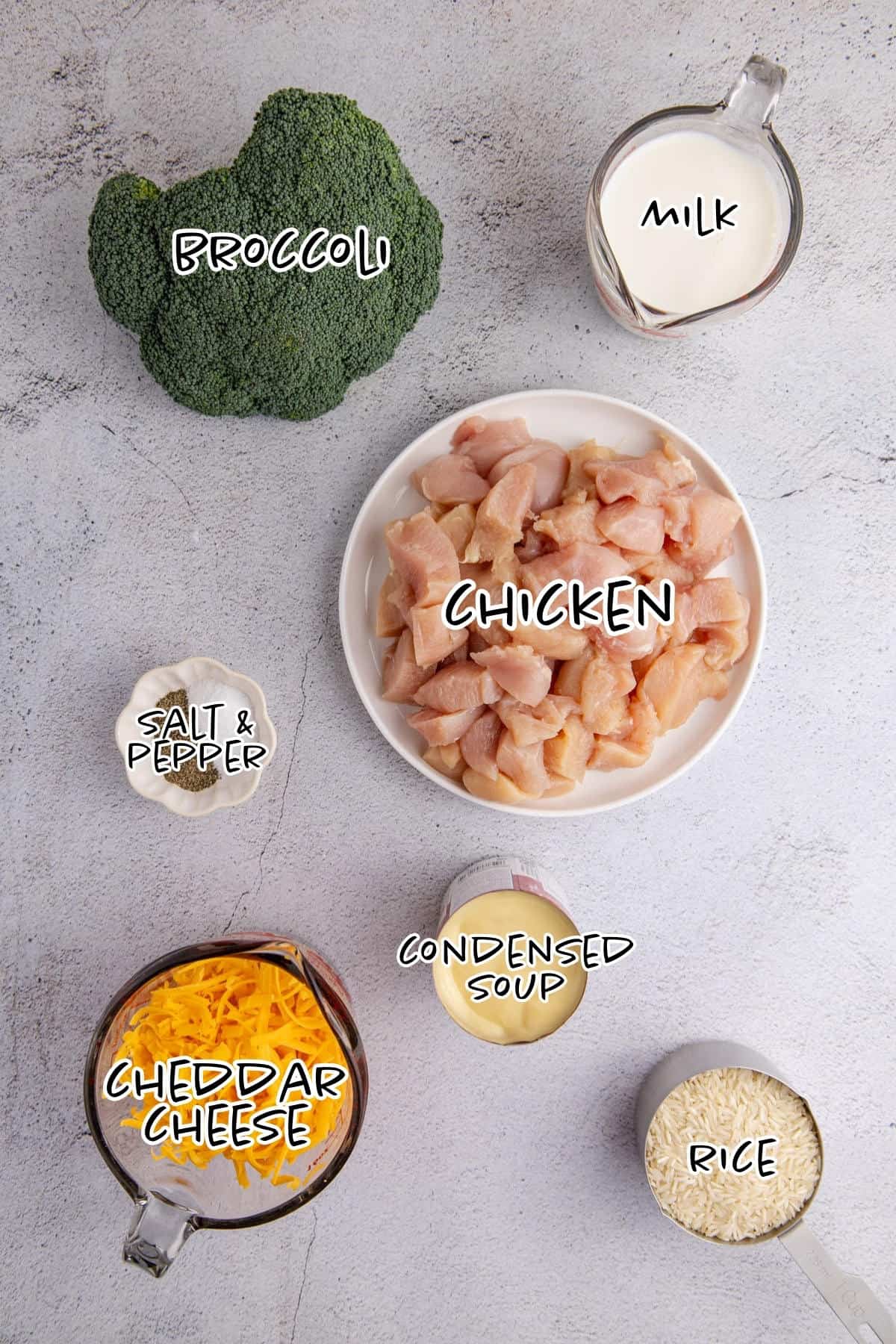 Chicken Broccoli Casserole with Rice Ingredients on a counter