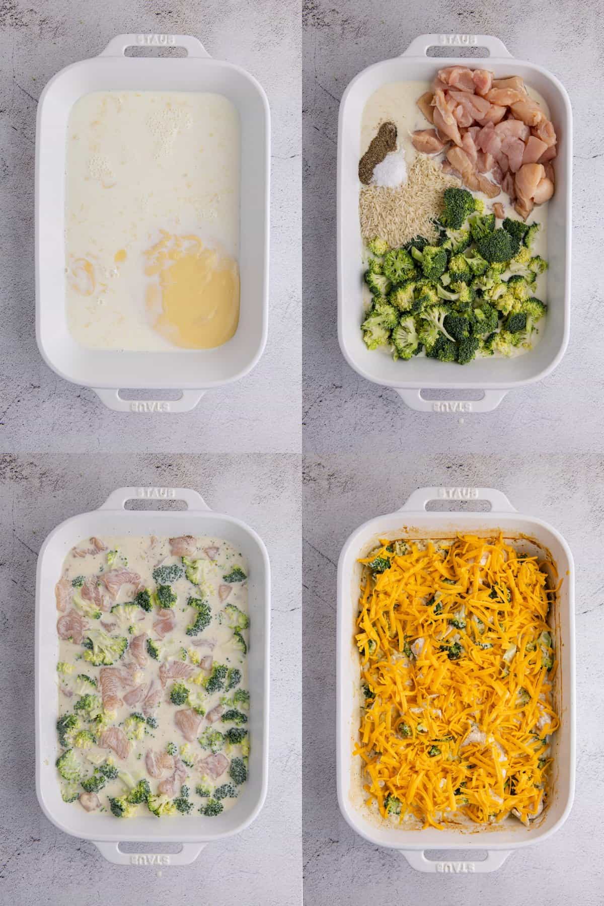 Chicken Broccoli Casserole with Rice from above being mixed and baked in a baking dish