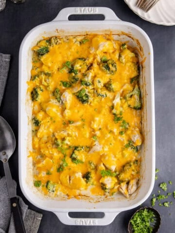 Chicken Broccoli Casserole with Rice from above in the baking dish