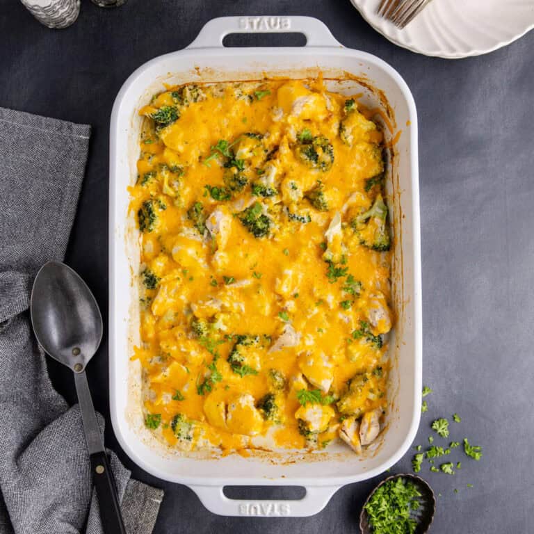 Chicken Broccoli Casserole with Rice from above in the baking dish