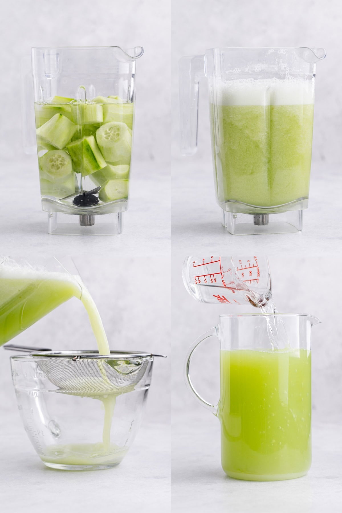 Cucumber Agua Fresca being made in a blender then strained into a pitcher