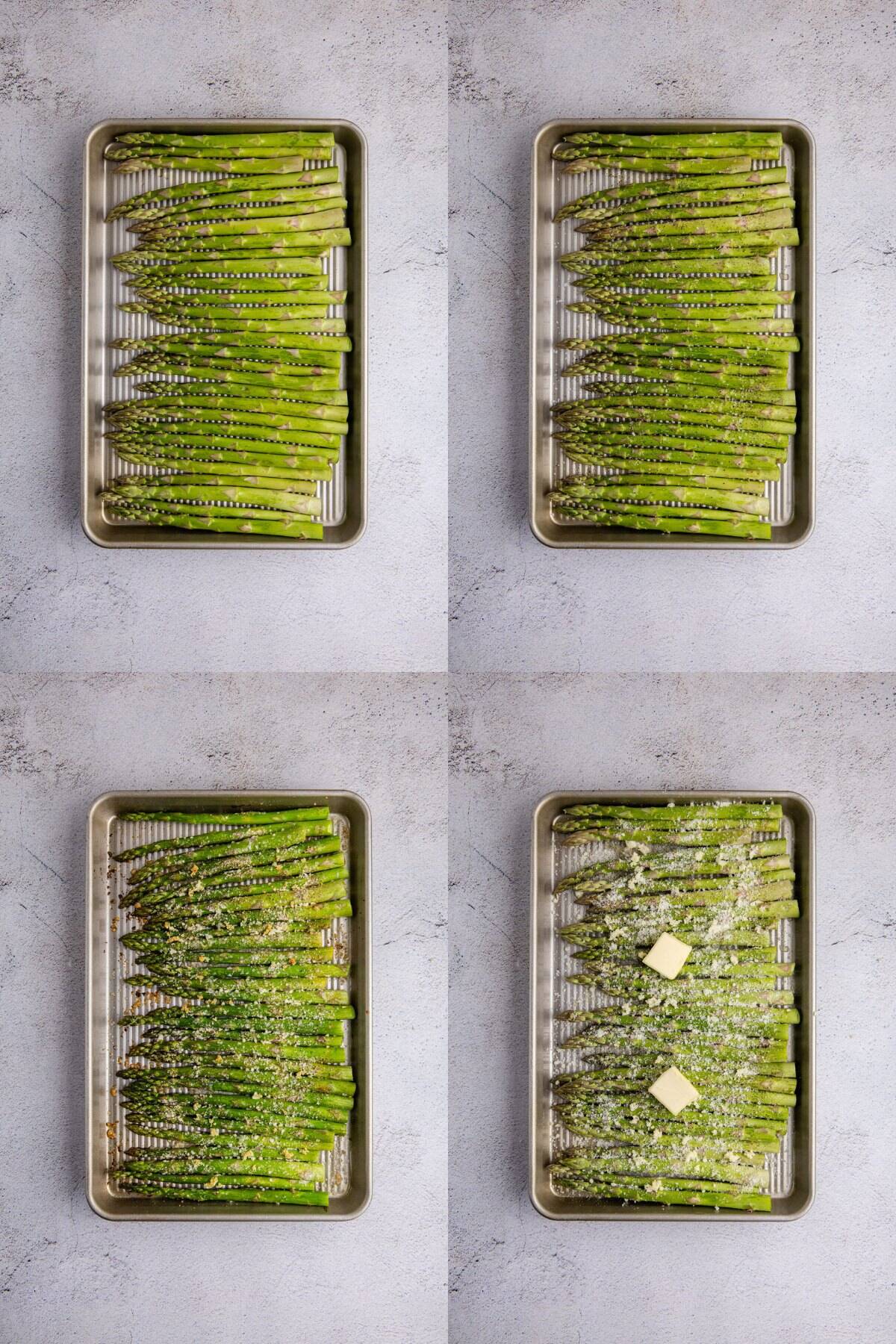 Garlic Parmesan Asparagus being made on a baking sheet