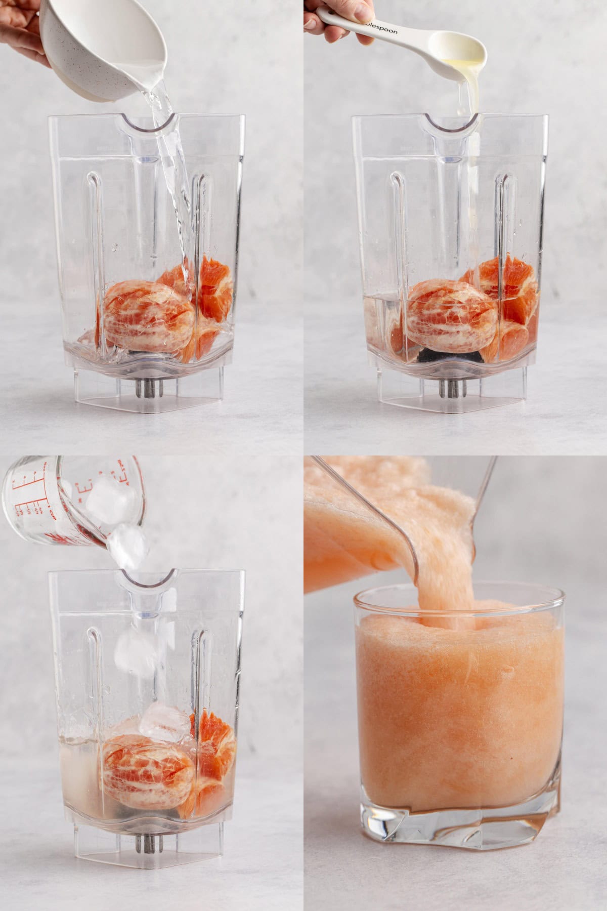Non alcoholic frozen paloma being blended and poured into a glass