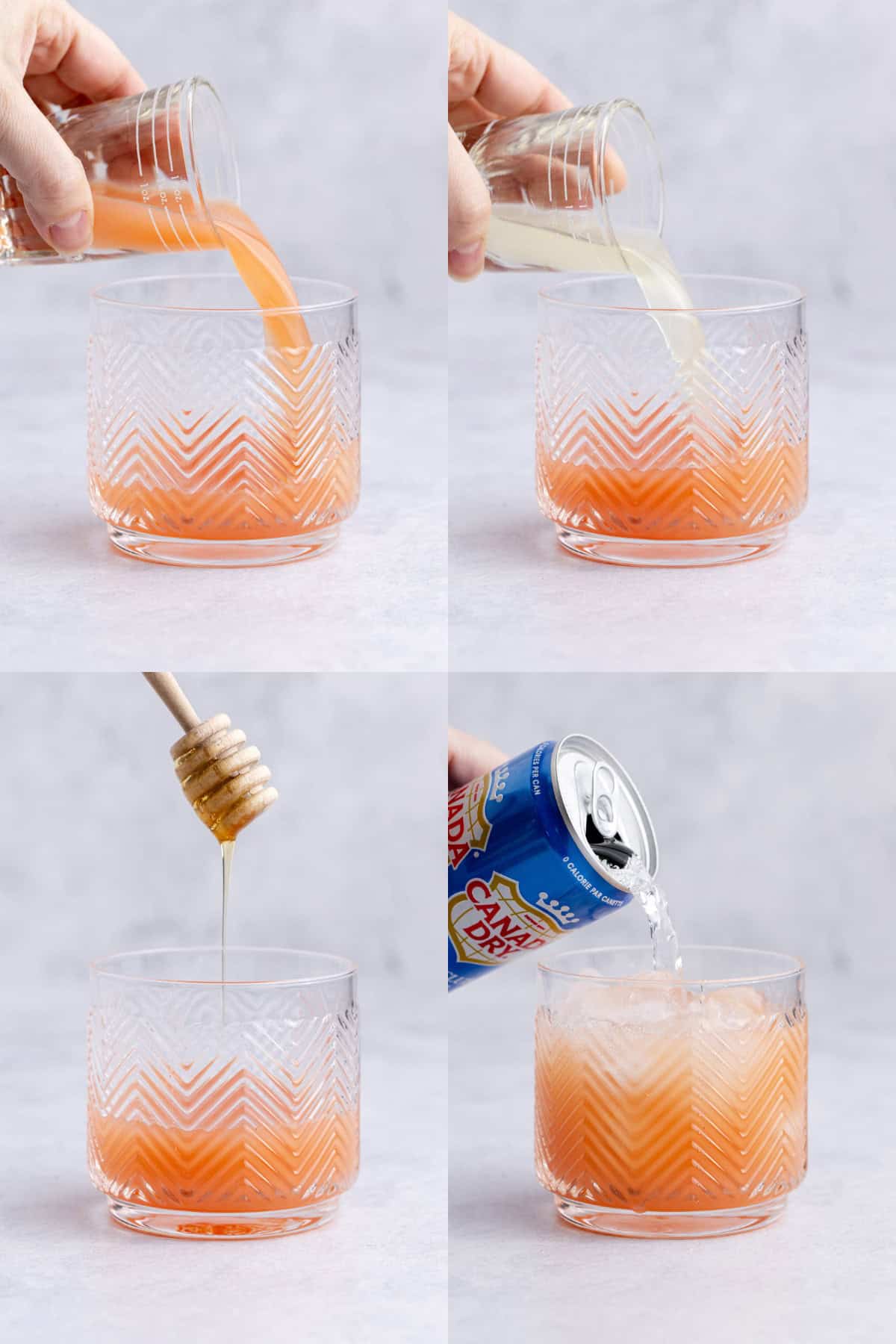 Non Alcoholic Paloma on a counter being made in a short glass