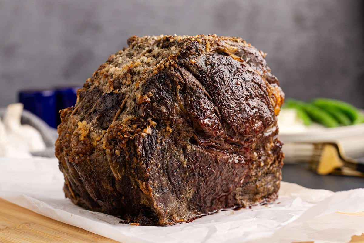 Poor Man’s Prime Rib on a cutting board before sliced