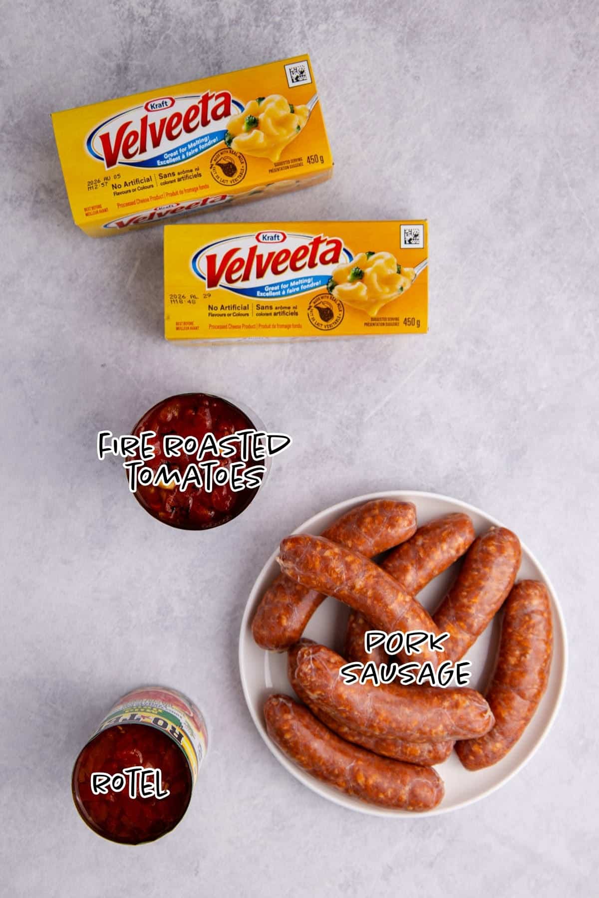 Spicy Sausage Queso Ingredients on a counter