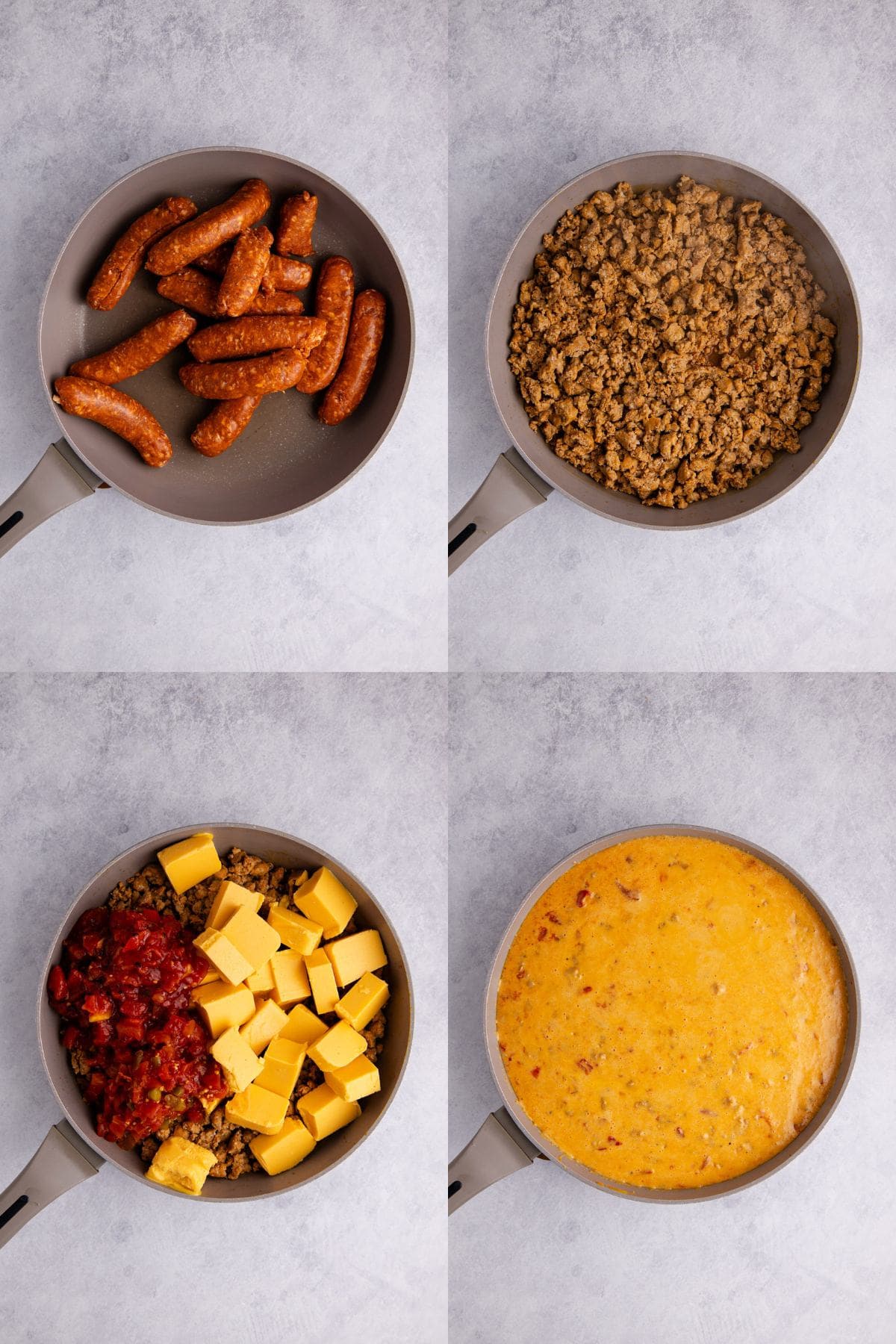 Spicy Sausage Queso being made in a skillet