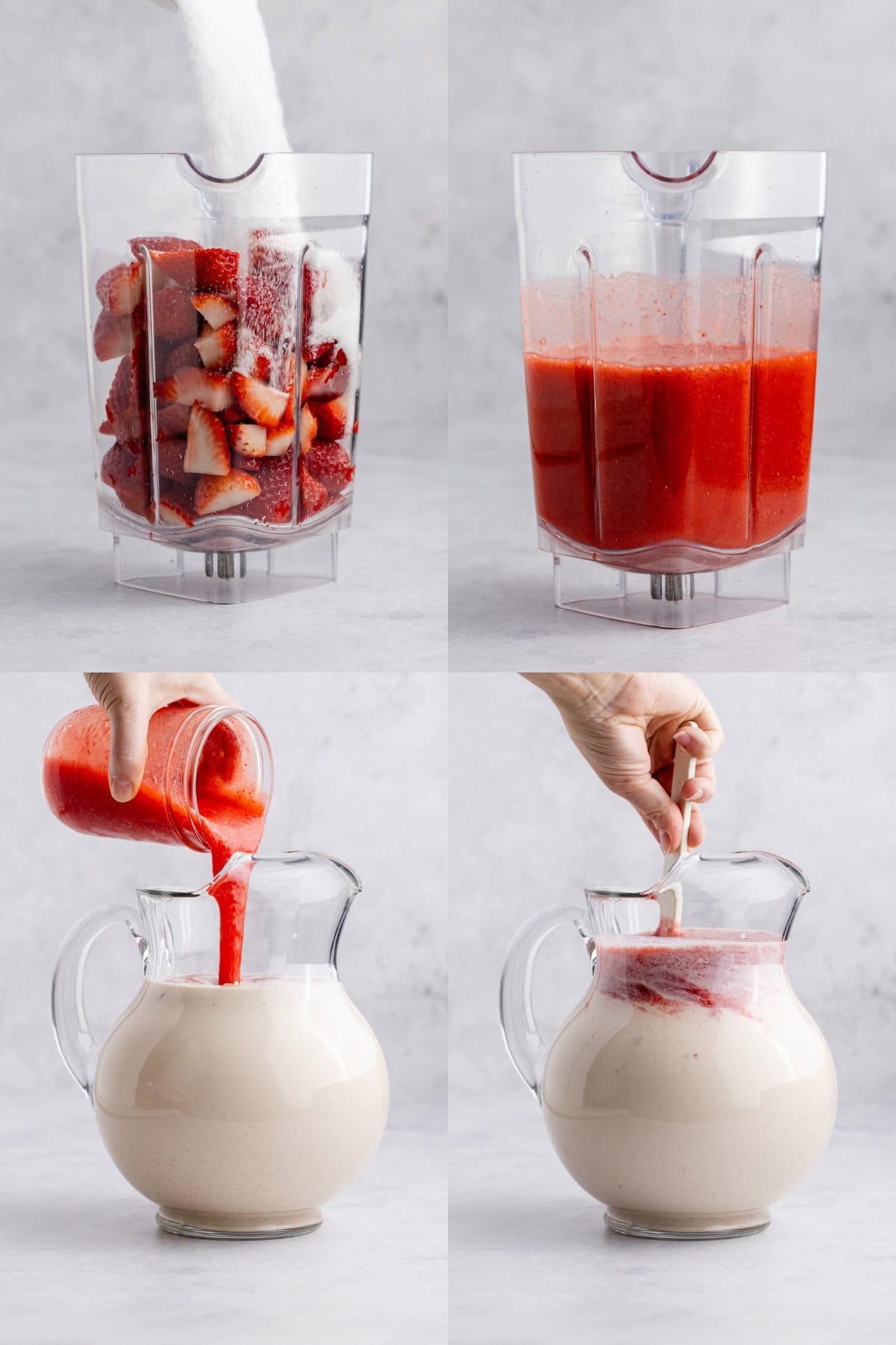 Strawberry Horchata being made in a blender and pitcher