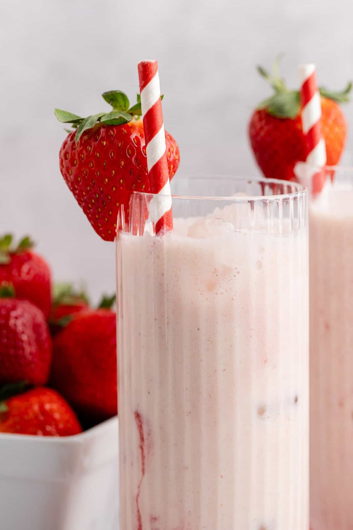 Strawberry Horchata up close with a strawberry garnish