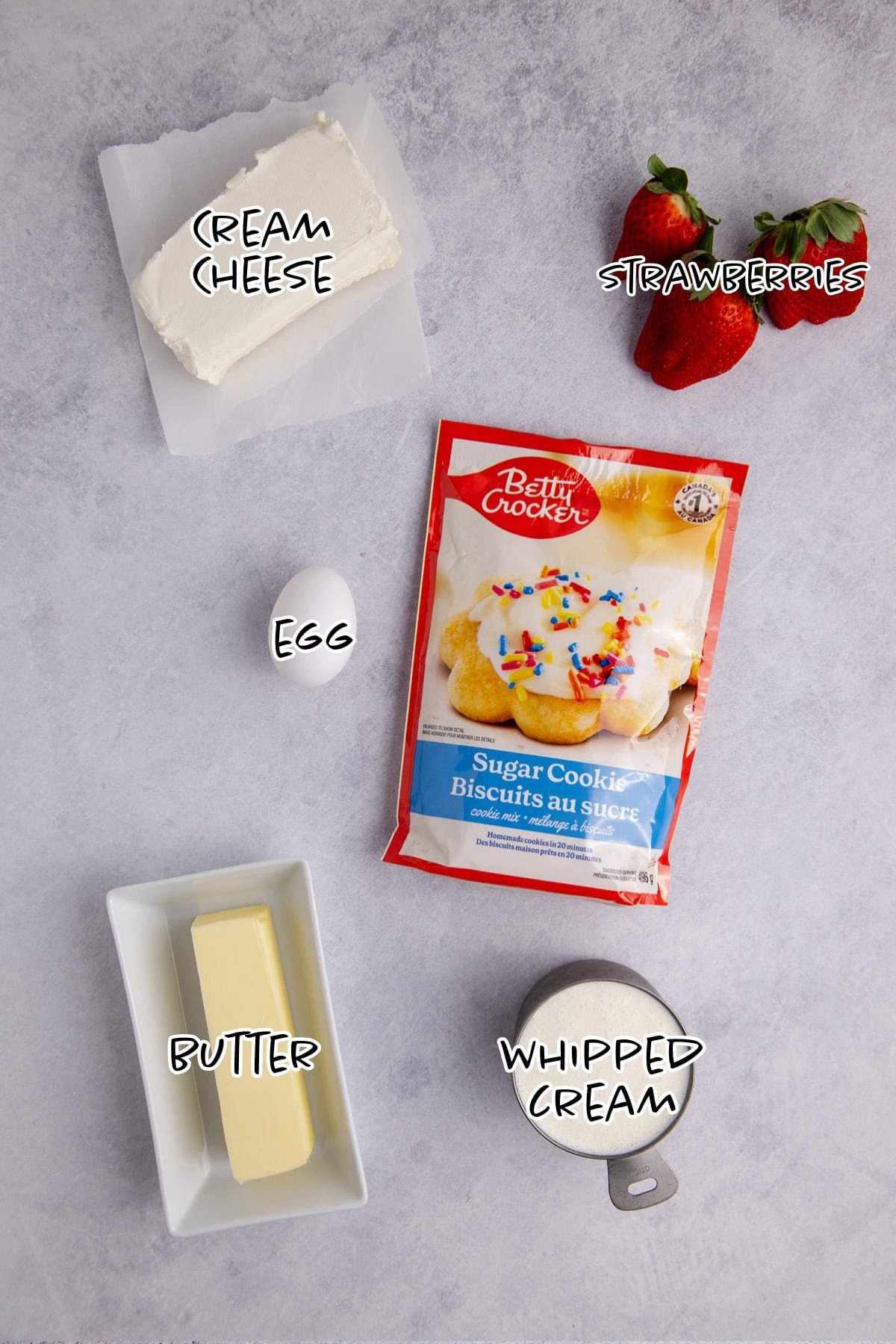 Strawberry Shortcake Cookie Cups Ingredients on a counter