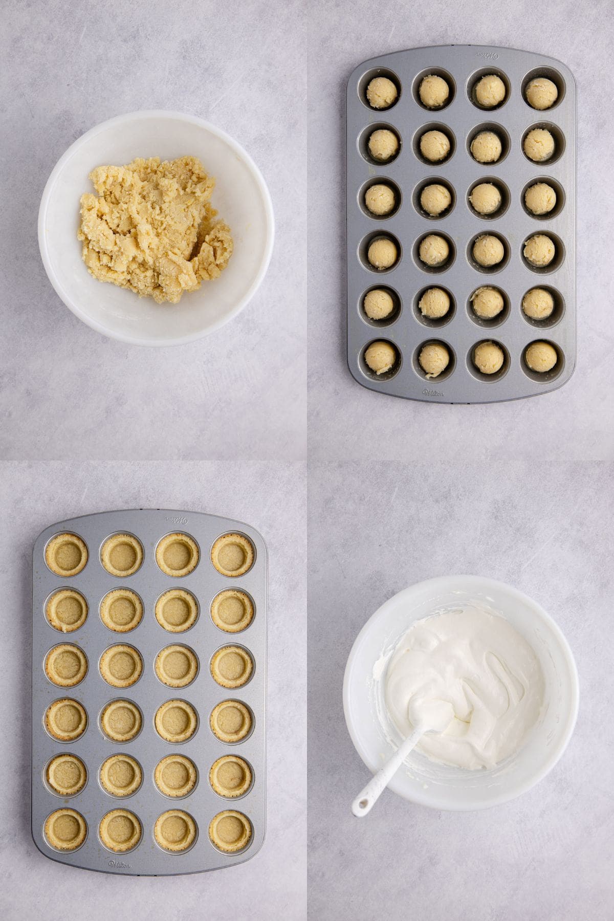 Strawberry Shortcake Cookie Cups being made in a bowl and mini muffin tray