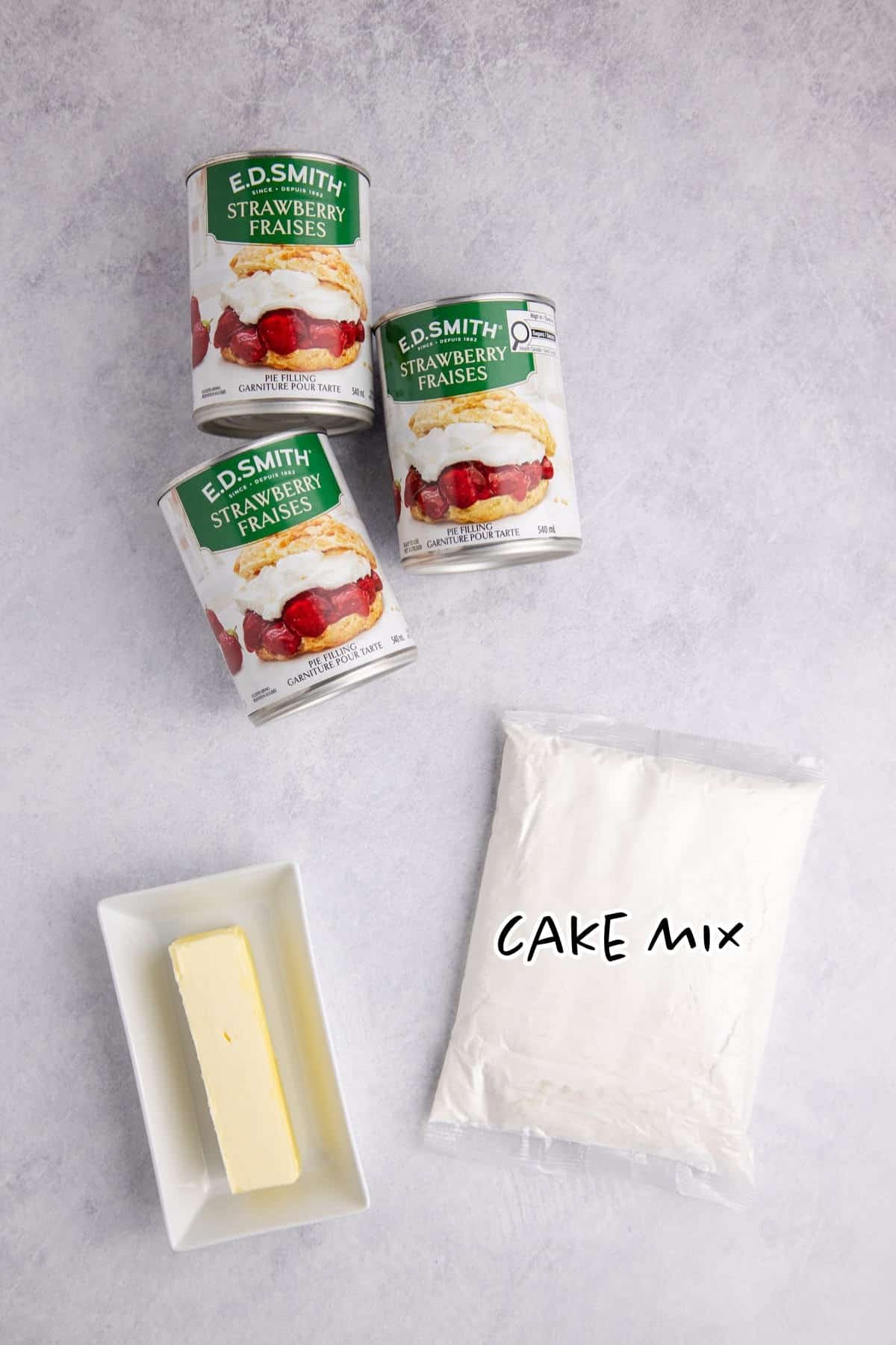 Strawberry Dump Cake Ingredients on a Counter