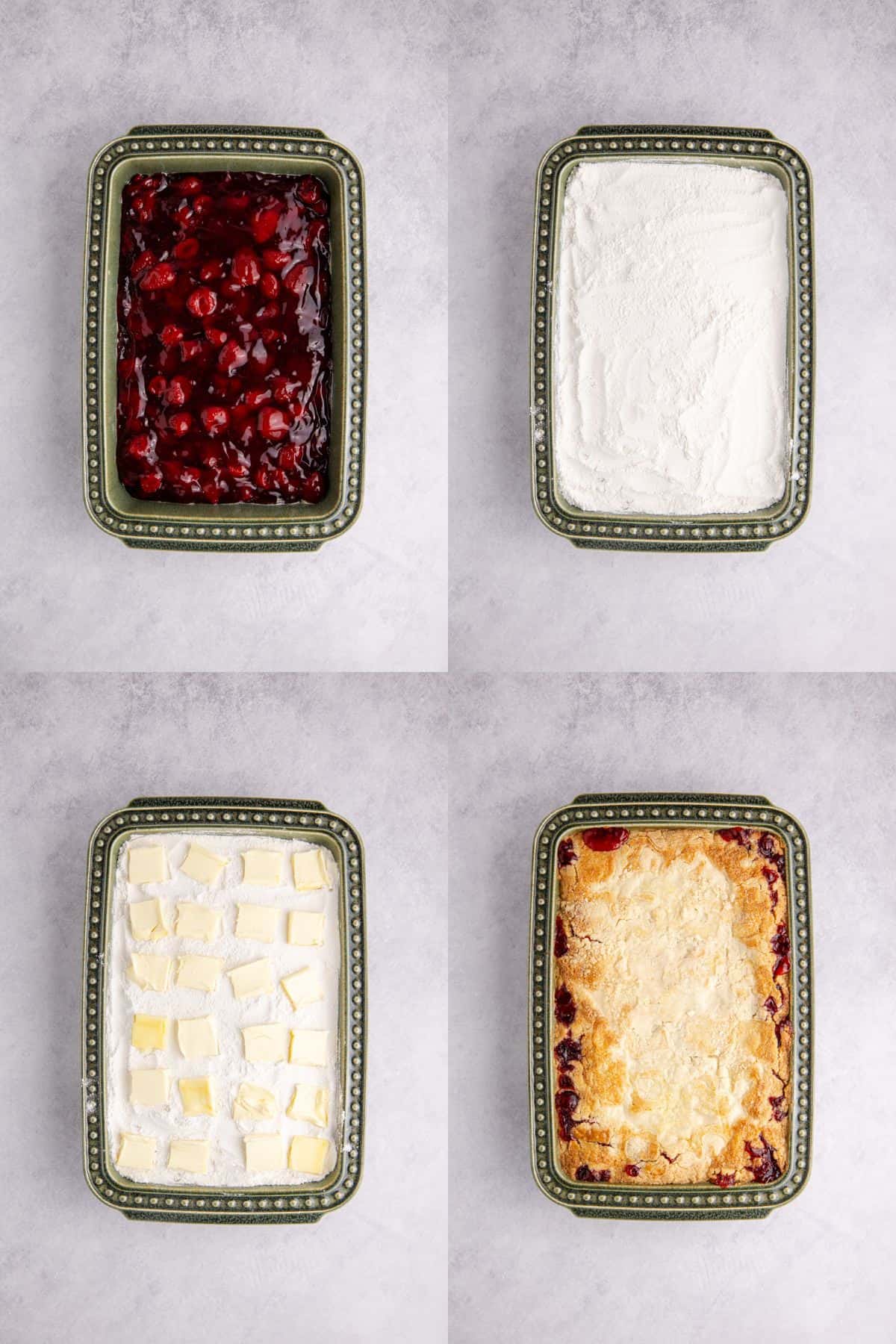 Strawberry Dump Cake being made in a 9x13 baking dish