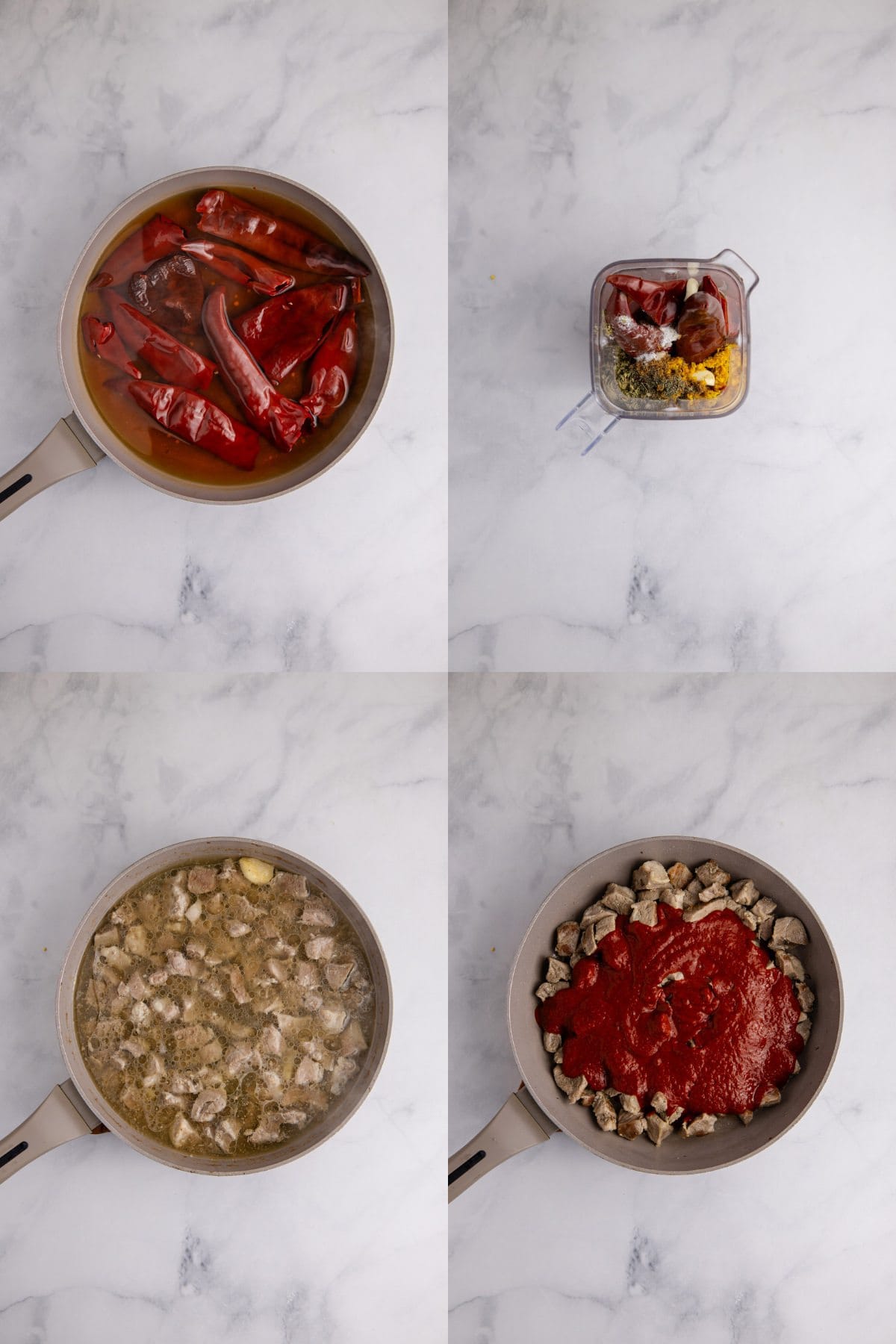 Asado de Puerco being made in a pan and sauce in a blender