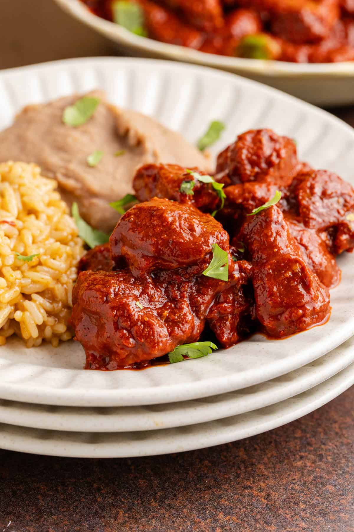 Close up of Asado de Puerco on a plate with rice and beans