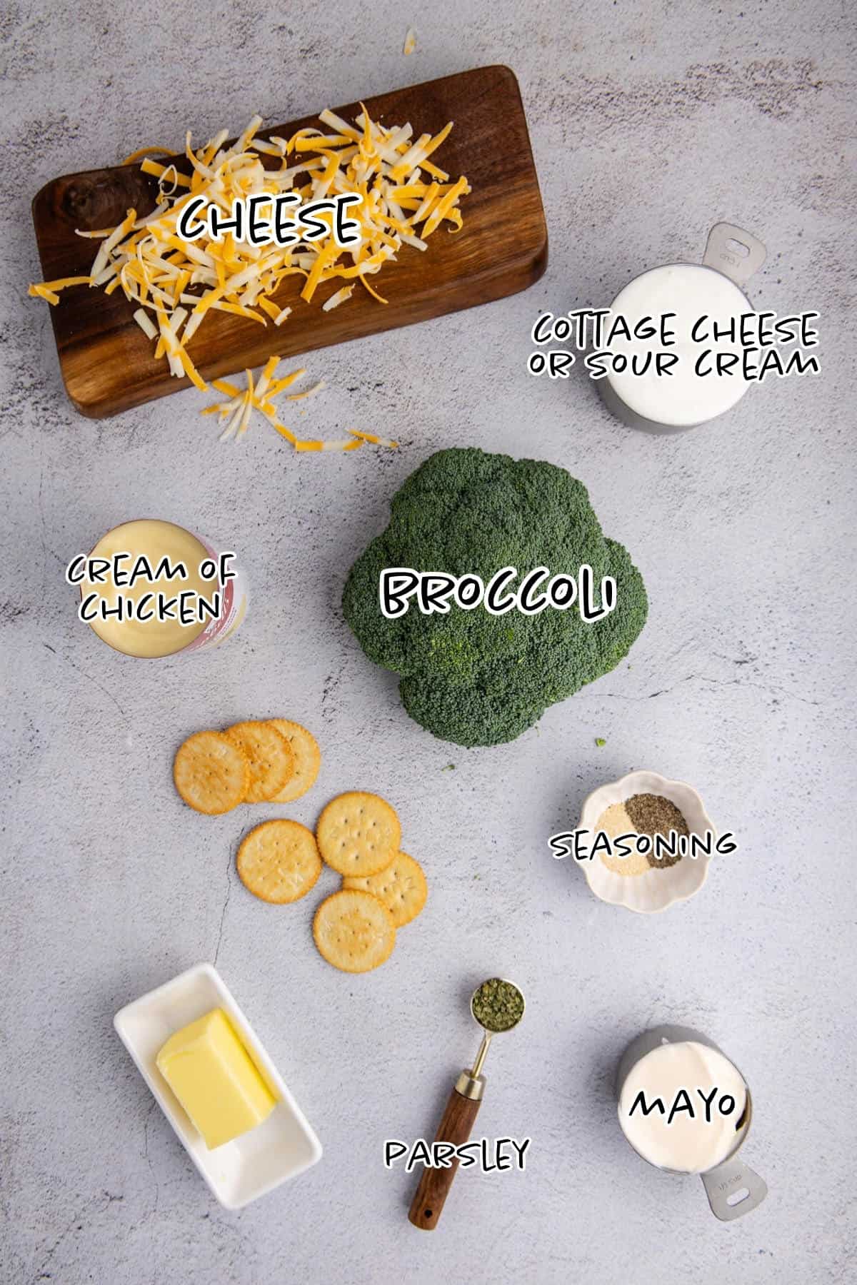 broccoli casserole with Ritz ingredients on a counter