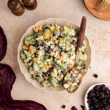 Broccoli Salad with Cranberries from above with a serving spoon in the bowl
