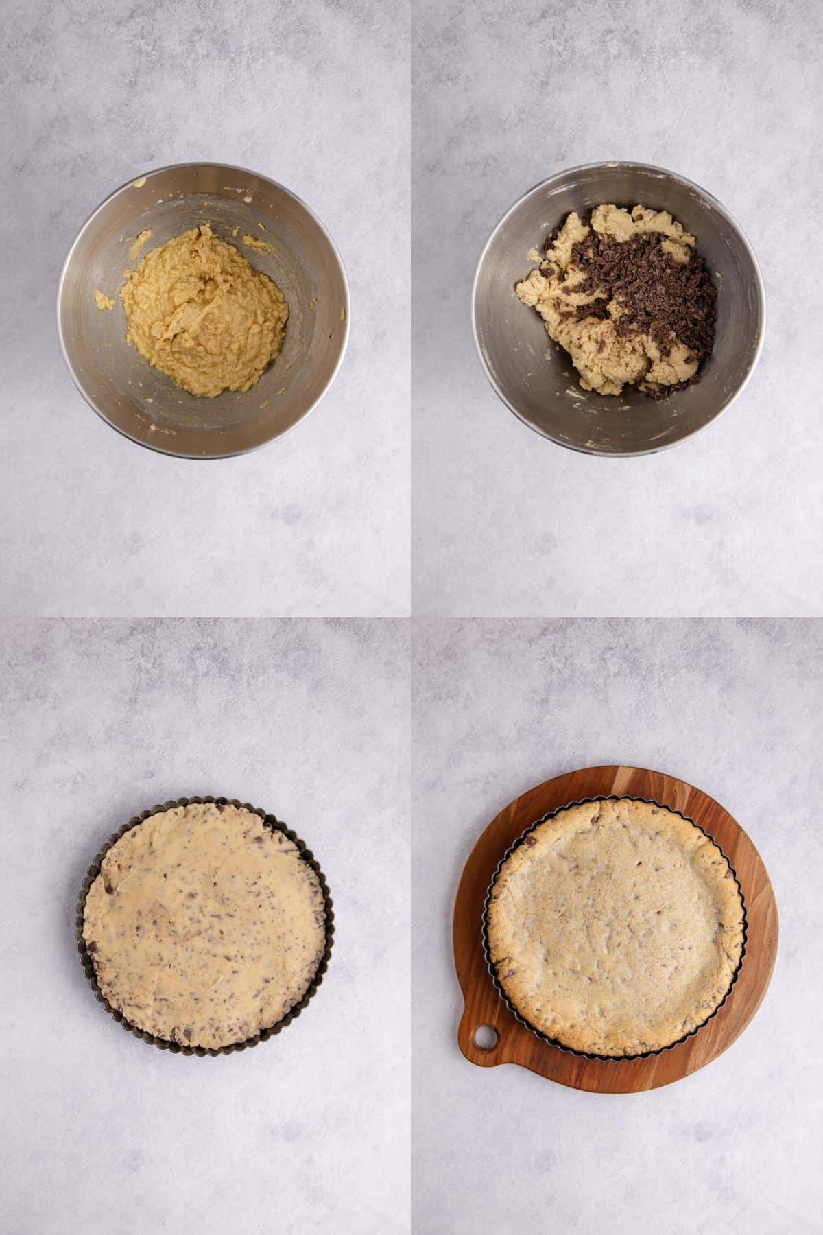 Chocolate chip cookie cake being made in a mixer then tart pan