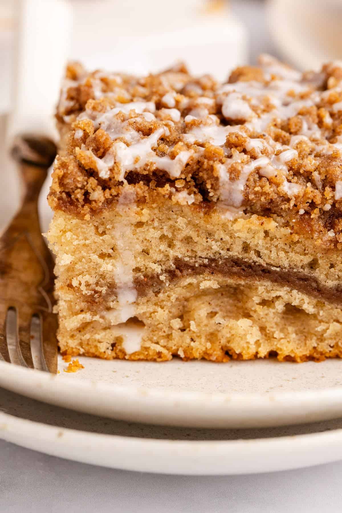 Cinnamon coffee cake slice close up on a plate