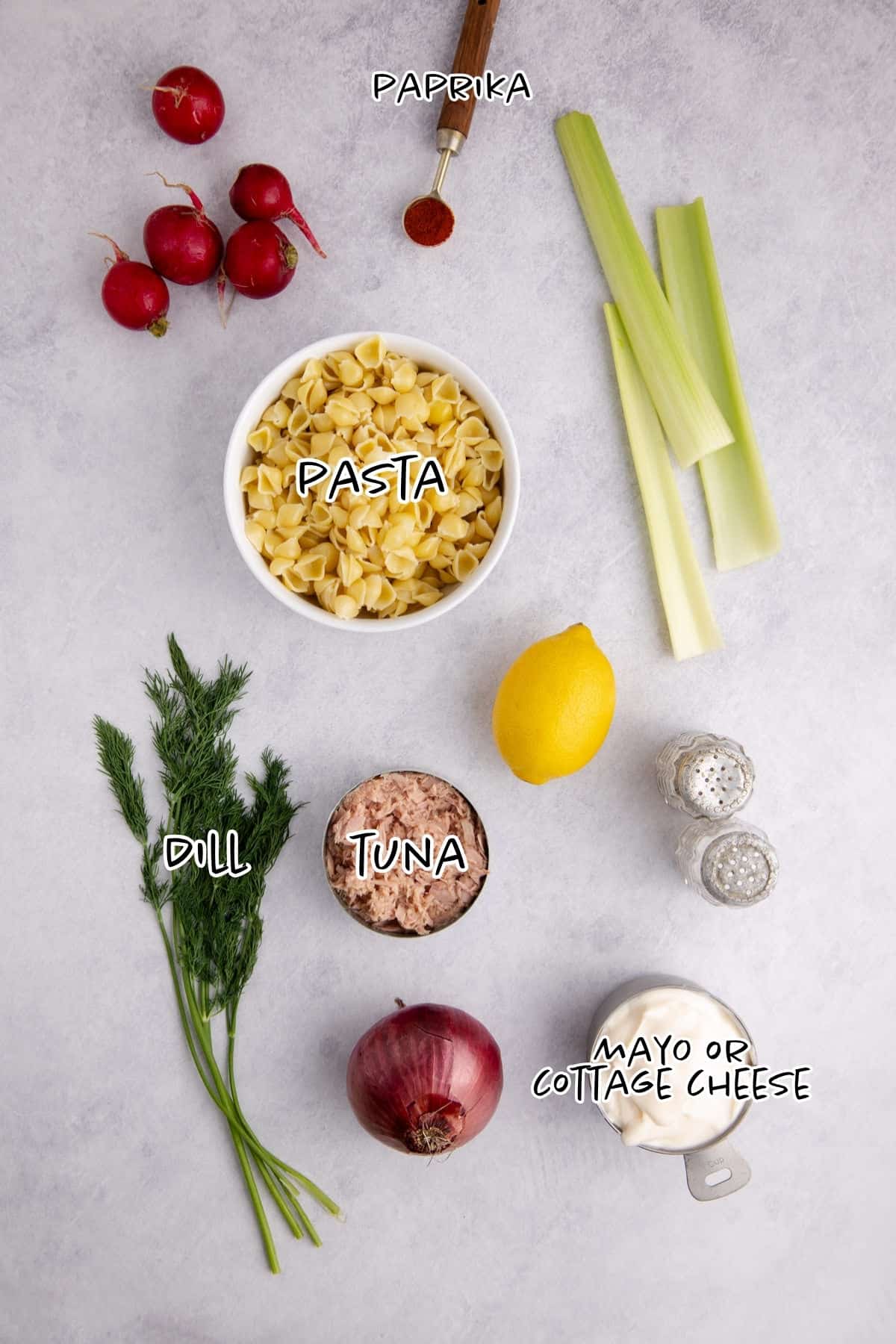 Cold Tuna Pasta Salad Ingredients on a Counter