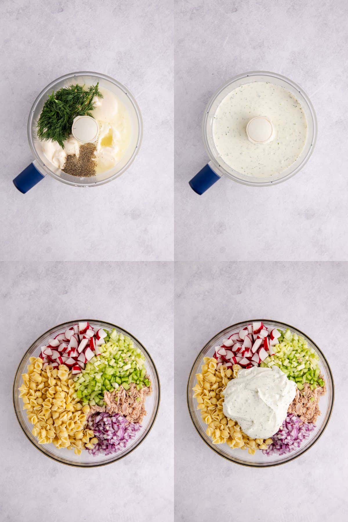 Cold Tuna Pasta Salad being made in a food processor and mixing bowl