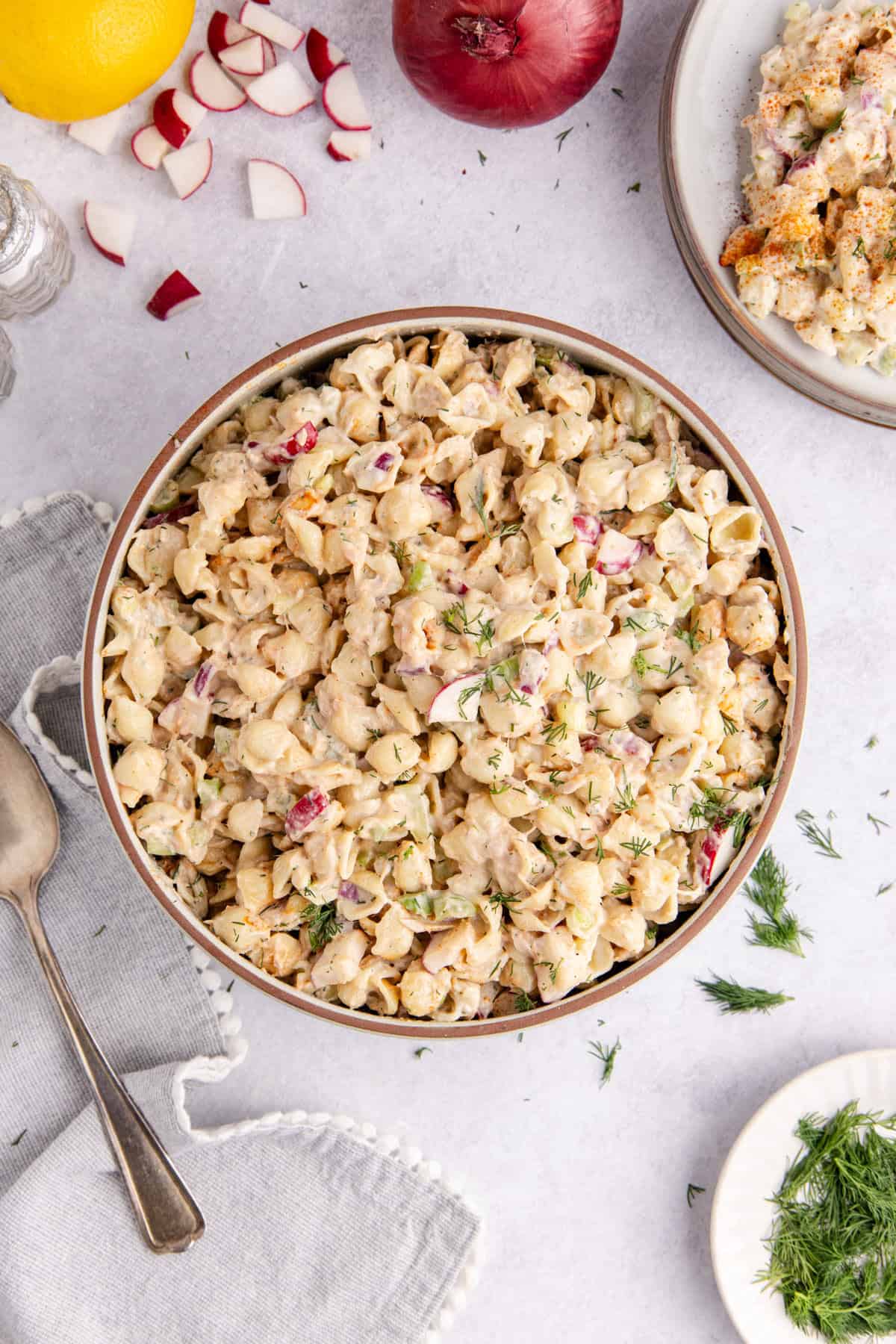 Cold Tuna Pasta Salad in a serving bowl from above