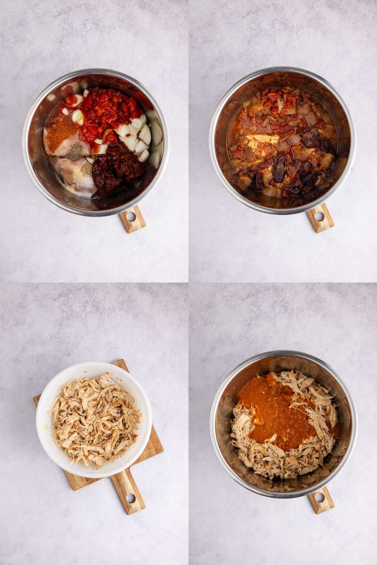 Instant Pot Chicken Tinga being made in the base and shredded in a bowl