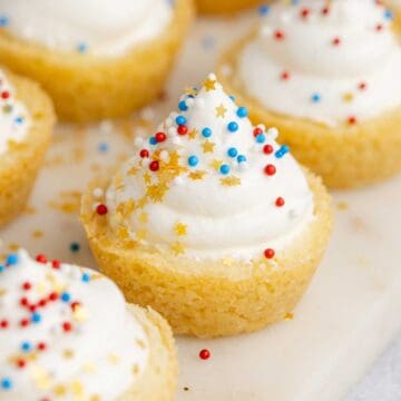 July 4th Cookie Cups on a serving tray with colorful sprinkles