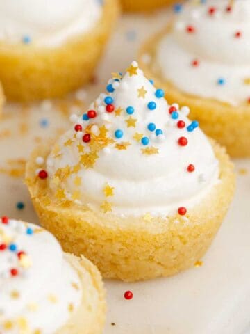 July 4th Cookie Cups on a serving tray with colorful sprinkles