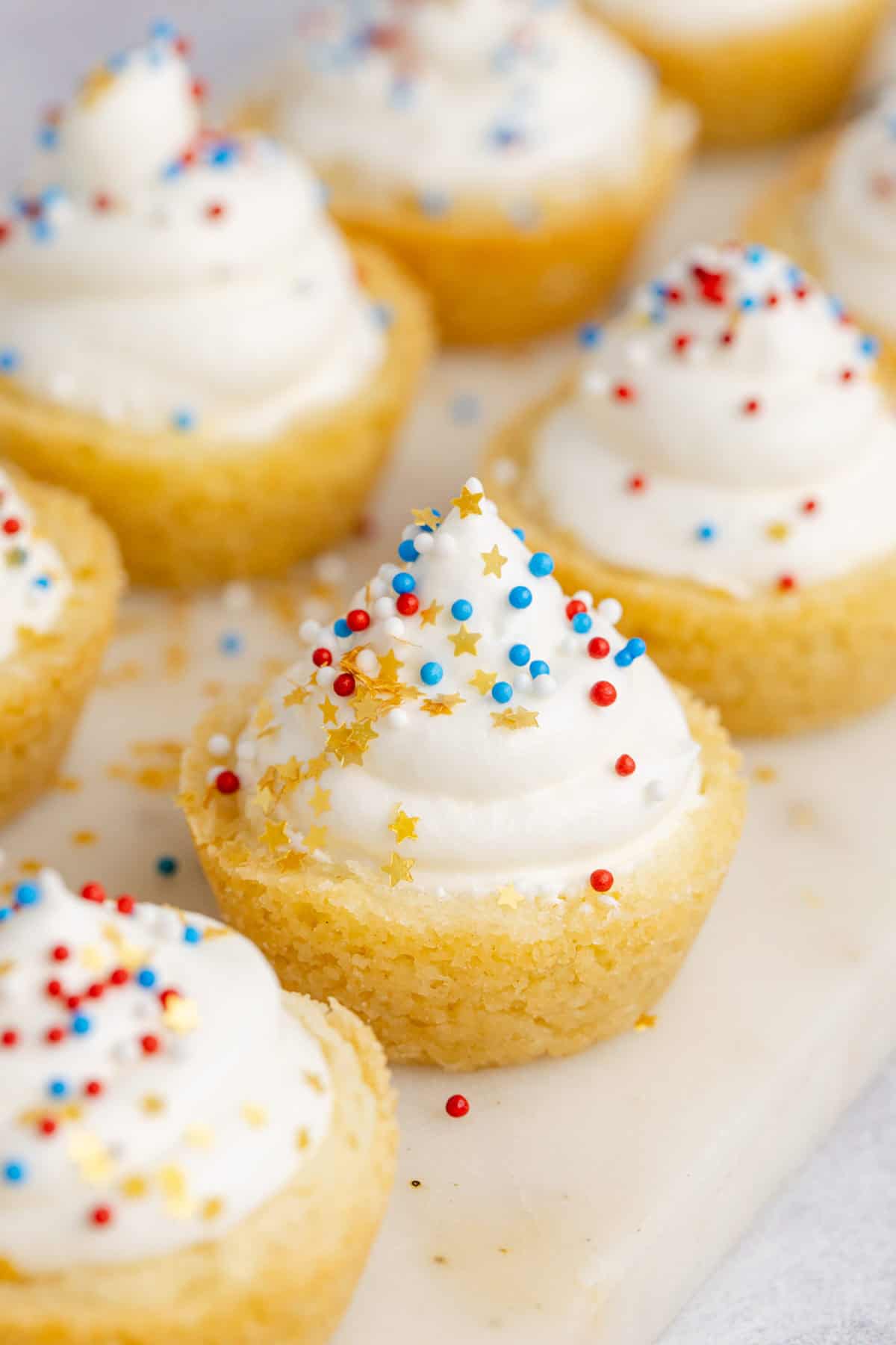 July 4th Cookie Cups on a serving tray with colorful sprinkles