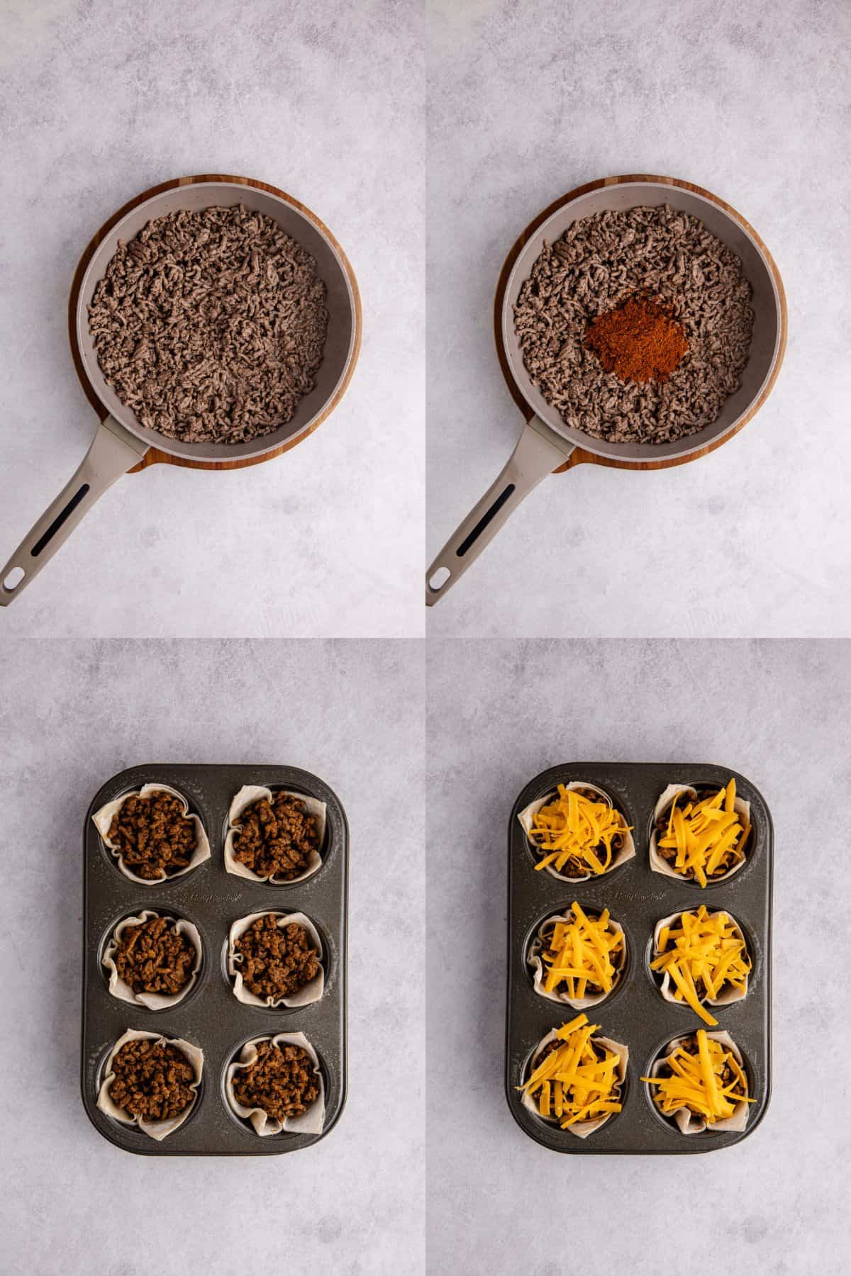 Mini Taco Cups being made in a pan and assembled in a muffin tin
