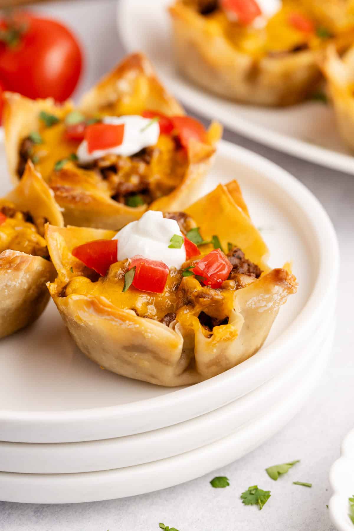 Mini Taco Cups on a plate, close up